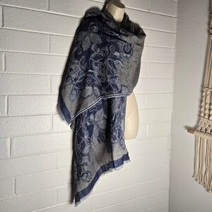 Nalini Women Scarf Floral Herringbone 100% Cotton Blue Grey Oversized Wrap OS